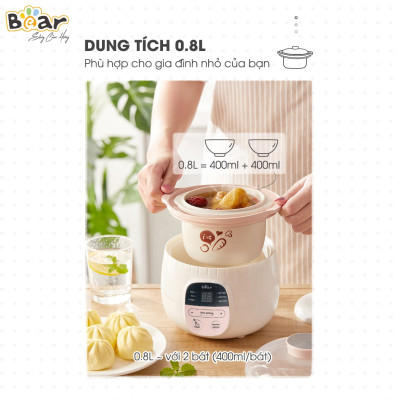 Nồi Chưng Yến, Tiềm Thuốc Bắc BEAR SUBE001 Kèm Lồng Hấp Dung Tích 0.8 Lít, Công Suất 200 W - Hàng Chính Hãng