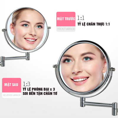 Gương trang điểm phóng đại 3 lần, xoay 360 độ, 2 mặt siêu nét, treo tường phòng tắm, phòng ngủ, Khách sạn, resort, Inox SUS 304, Size 15cm, 18cm, 20cm, Minh House