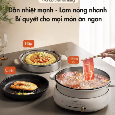 Nồi Lẩu Nướng Đa Năng BEAR DHG-C40W2, Có Kèm Khay Hấp Dung Tích 4 Lít, Công Suất 1500 W - Hàng Chính Hãng