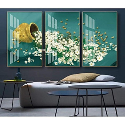 Bộ ba tranh tráng gương cao cấp hoa cúc trắng đẹp long lanh 
