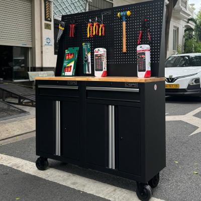 Bộ 2 Tủ dụng cụ CSPS 122cm màu đen mặt ván gỗ kèm vách lưới - 02 hộc kéo (tay cầm trắng)