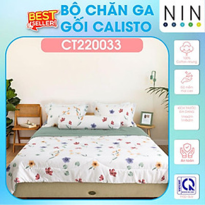 NEW ARRIVAL Bộ 5 món drap cotton, áo gối, mền chần NIN Calisto CT220033 1m6, 1m8 bọc nệm bo chun, cao cấp