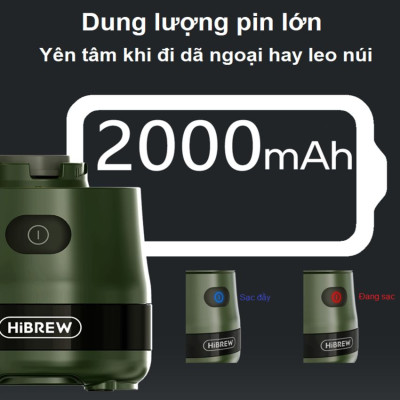 Máy xay hạt cà phê, sinh tố và đá viên dùng pin cầm tay 3 trong 1 thương hiệu Mỹ HiBREW G2 - Hàng Chính Hãng