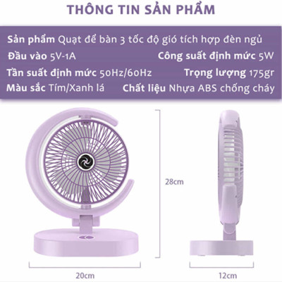 Quạt Để Bàn Tích Điện Mini 3 Cấp Độ Gió Teement, Tích Hợp Đèn Ngủ Động Cơ Không Tiếng Ồn Pin Pin 1200mah , Điều Chỉnh Lên Xuống 360°- Hàng Chính Hãng