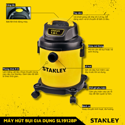 MÁY HÚT BỤI GIA DỤNG 2 CHỨC NĂNG 9L STANLEY SL19128P 1.6 PEAK HP-HÀNG CHÍNH HÃNG
