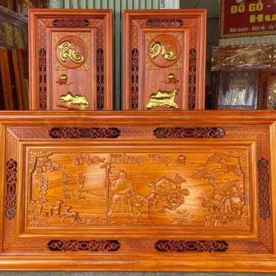 Tranh treo tường mừng thọ bằng gỗ hương đỏ kt 67×127×4cm