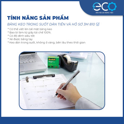 Băng keo trong suốt dán tiền và hồ sơ 3M 810 siêu dính, viết lên được, xé được bằng tay (19mm x 33m)