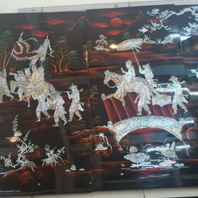 Tranh sơn mài Bộ 4 tấm Vinh Quy Bái Tổ cẩn ốc xà cừ, hàng đẹp, hàng xuất khẩu size 80x160 cm