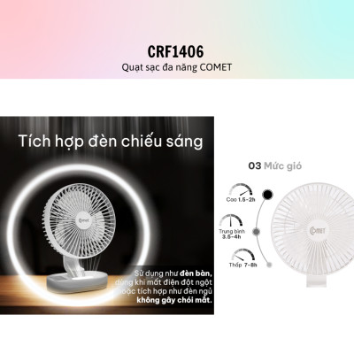 Quạt Sạc Tích Điện Comet Cho Xe Hơi, Văn Phòng CRF1406 - Hàng Chính Hãng - Bảo Hành 12 Tháng