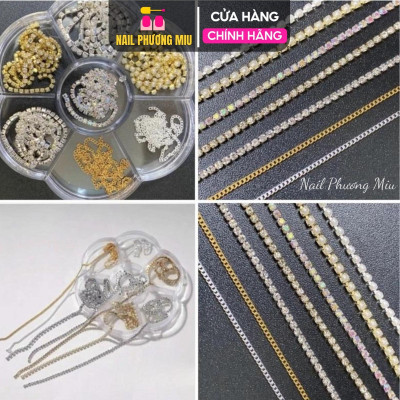 Charm Dây Xích Khay 7 Ô Kim Loại Đính Đá, Thiết Kế Đa Dạng, Bền Bỉ Không Gỉ, Dễ Cắt Tùy Chỉnh, Làm Nail Phong Cách Women Nữ