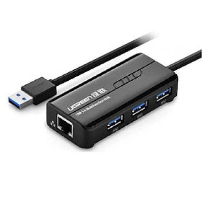 Ugreen UG2026520265TK 28CM màu Đen HUB chuyển đổi USB 3.0 Sang 3 USB 3.0 + LAN cao cấp hỗ trợ tốc độ 1 Gbps - HÀNG CHÍNH HÃNG