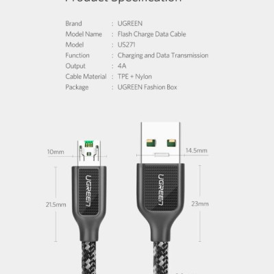 Ugreen UG50380US271TK 0.5M màu Đen Cáp sạc truyền dữ liệu USB 2.0 sang MICRO USB 4A võ hợp kim kẽm - HÀNG CHÍNH HÃNG