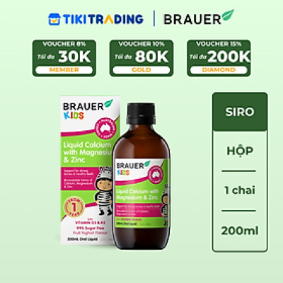 Siro Brauer Kids Liquid Calcium with Magnesium and Zinc nhập khẩu từ ÚC - Bổ sung Vitamin Canxi, Magie và Kẽm cho trẻ từ 1 tuổi (200ml)