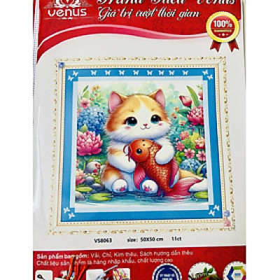 Tranh thêu chữ thập Mèo ôm cá vs8063, kích thước 50 x 50 cm