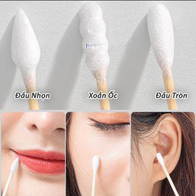 Gói 100 Tăm Bông Ngoáy Tai Thân Gỗ Tre 2 Đầu Tròn Vệ Sinh Tai Tiện Lợi