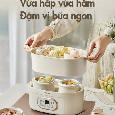 Nồi Nấu Cháo Kho Cá Chưng Yến Bear DDZ-C101V1 Gồm 2 Thố Và Khay Hấp Dung Tích 2.5 Lít Công Suất 500 W - Hàng Chính Hãng