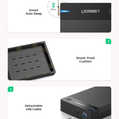 Ugreen UG50423US222TK hỗ trợ 16TB hộp đựng ổ cứng 3.5" 2.5 inch chuẩn SATA ra usb 3.0 có cấp nguồn - HÀNG CHÍNH HÃNG