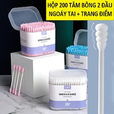 Dụng cụ trang điểm  làm đẹp  sức khỏe - Set hộp 200c tăm bông ráy tai lớn cao cấp với 2 đầu tăm thiết kế hình dáng khác nhau làm sạch sâu bên trong , phù hợp cho mọi người