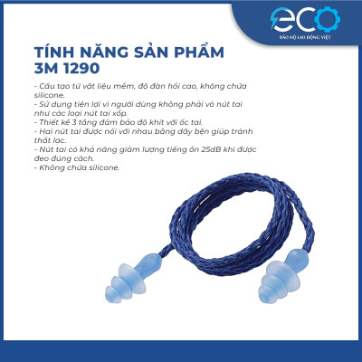 Nút bịt tai chống ồn 3M 1290 có dây, chống nước chính hãng