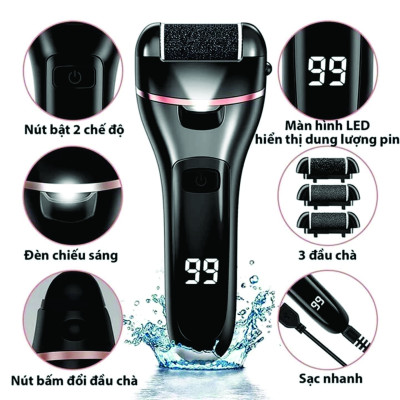 ( Tặng bộ phụ kiện 10 món) Máy chà máy tẩy da chết chân vết chai da khô toàn tự động đèn led, ,Mịn Màng Cho Từng Bước Đi Cao Cấp