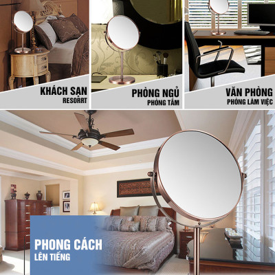 Gương trang điểm để bàn Đồng đỏ Copper, phóng đại zoom x3, 2 mặt xoay siêu nét Minh House