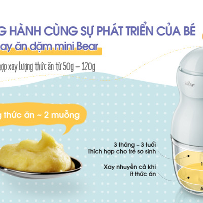 Máy Xay Thực Phẩm Đa Năng, Máy Xay Ăn Dặm BEAR GR-B03V2 Xay Cực Êm An Toàn Vệ Sinh, Dung Tích 0.3 Lít Công Suất 120 W - Hàng Chính Hãng
