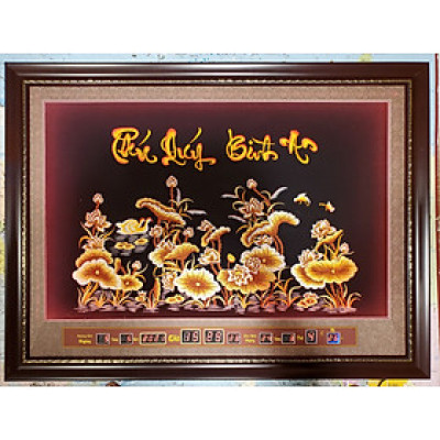 Tranh thêu sen vàng gắn đèn led + lịch vạn niên -2079