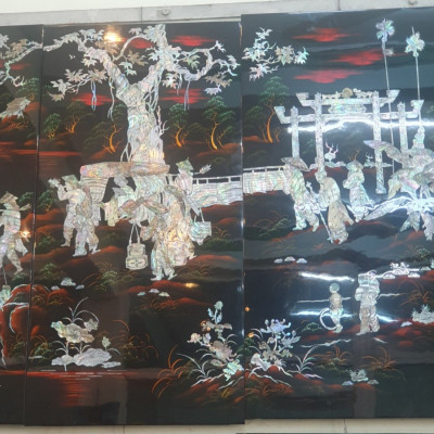 Tranh sơn mài Bộ 4 tấm Vinh Quy Bái Tổ cẩn ốc xà cừ, hàng đẹp, hàng xuất khẩu size 80x160 cm