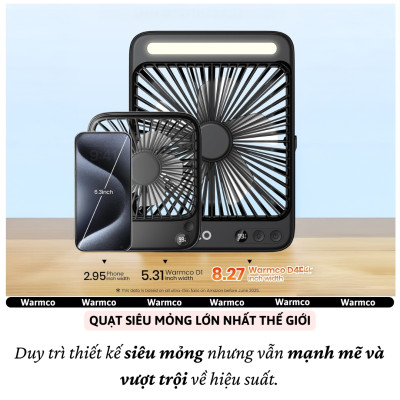 Quạt để bàn / treo đa năng turbo siêu mỏng 20.000 mAh, đèn led chiếu sáng 4 cấp độ gió,dùng làm Pin sạc dự phòng cho iphone ipad điện thoại hiệu Warmco D4 - Gió Mạnh, Êm Ái,hạn chế tiếng ồn, tích điện sạc cắm trại, du lịch, gia đình - Hàng nhập khẩu