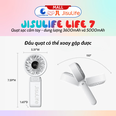 Quạt sạc cầm tay gấp gọn JisuLife Life 7 - dung lượng 3600-5000mAh - Hàng chính hãng