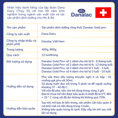 Sữa Danalac Gold Pro+Số 3 Cho Bé 1-3 Tuổi Hộp 800g Nhập Khẩu Thụy Sỹ