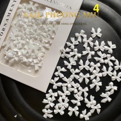Set Charm Nơ Trắng Nhựa Hàng Đẹp Gắn Móng Làm Nail Phương Miu Kiểu Hàn Quốc Đế Bằng Dễ Đính Nữ Women