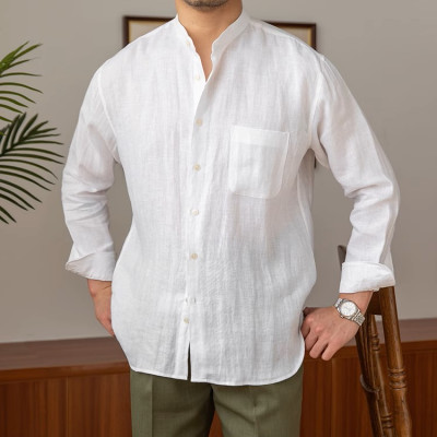 Áo sơ mi Linen dài tay nam cao cấp thiết kế cổ trụ phối cúc 1 túi ngực vải thoáng mát không bai gião MS05