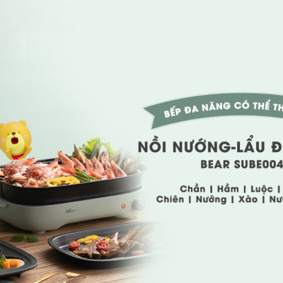 Nồi Điện Đa Năng, Nồi Lẩu Nướng Đa Năng BEAR SUBE004 3 Khay Rời Dung Tích 4L, Công Suất 1200W - Hàng Chính Hãng