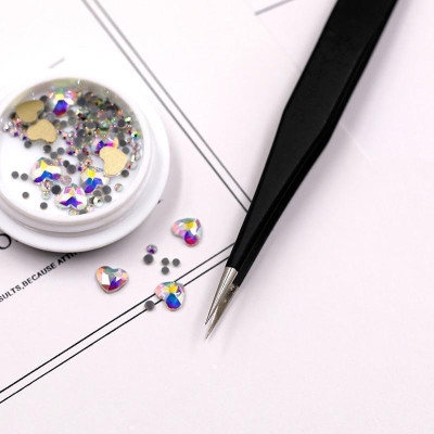 Nhíp Gắp Charm Đá Đầu Nhọn Cao Cấp 140mm Bằng Thép Không Gỉ Màu Đen Làm Nail Chuyên Nghiệp Nữ Women