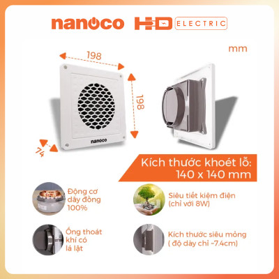 Quạt hút siêu mỏng Nanoco NMV1421 8W NMV1523 12W NMV2023 20W NMV2523 24W dùng được cho tường 10 và âm trần - hàng chính hãng