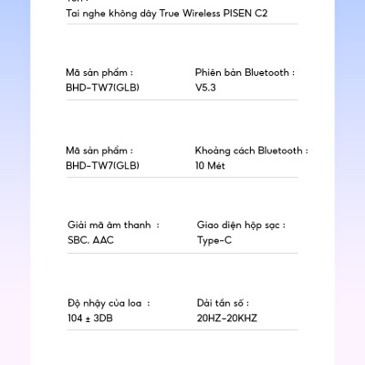 Tai nghe Bluetooth PISEN C2 ANC ENC True wireless, Kim Ánh cho dùng thử 30 ngày, hàng chính hãng, bảo hành 18 tháng