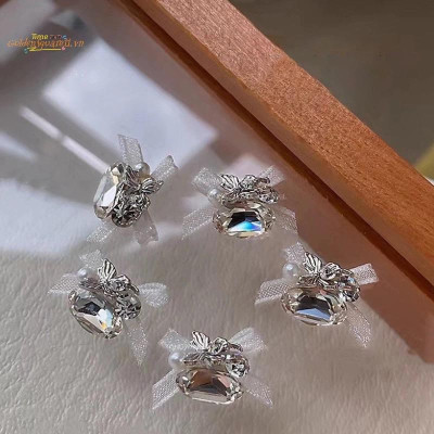 Set 6 Viên Charm Đá Khối Siêu Sáng Mix Nơ Voan Làm Nail Sang Chảnh Sheng Jia Yu, Charm Đá Viên Hình Trứng Có Nơ Đính Móng Màu Hồng Trắng Xanh Women Nữ