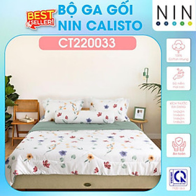 NEW 2024 Bộ 3,4 món drap cotton, áo gối NIN Calisto CT220033 1m2, 1m4, 1m6, 1m8 bọc nệm bo chun, cao cấp