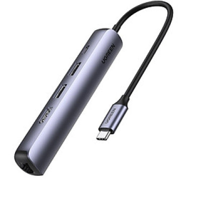 Bộ chuyển type c ra 2 * USB 3.0 A + HDMI + RJ45 giga + PD 5 trong 1 4K 60Hz PD 100W 1000Mbps màu xám Ugreen418bc10919CM - Hàng chính hãng