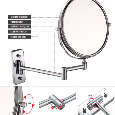 Gương trang điểm phóng đại 3 lần, xoay 360 độ, 2 mặt siêu nét, treo tường phòng tắm, phòng ngủ, Khách sạn, resort, Inox SUS 304, Size 15cm, 18cm, 20cm, Minh House