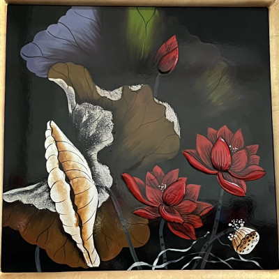 Tranh sơn mài hoa sen size 40x40 cm thích hợp trang trí, làm quà tặng ý nghĩa