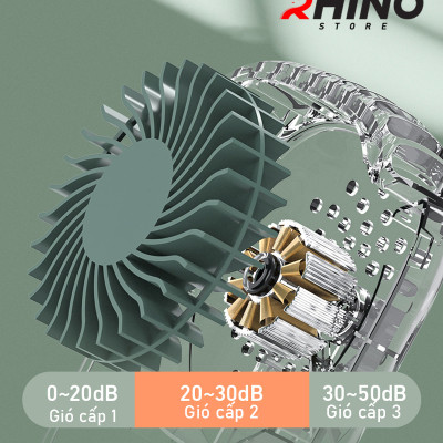 Quạt cầm tay mini siêu mát Rhino F301 tích điện với 3 mức độ gió, lưu lượng cao kèm dây treo - Hàng chính hãng