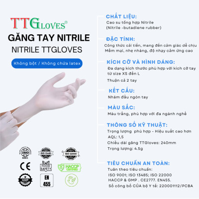 Găng Tay Y Tế Size L Không Bột Nitrile TTGLOVES Màu Trắng (100 Chiếc)