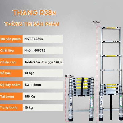 Thang đai nhôm rút 3 mét 8 - Tiêu chuẩn Châu Âu R38N - Chính hãng NIKITA