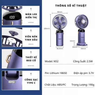 Quạt mini cầm tay REKKY gập gọn phù hợp mang đi du lịch, có đèn led hiển thị chế độ và dung lượng pin- Hàng Chính Hãng