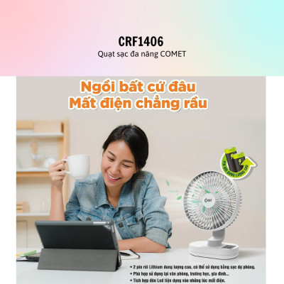 Quạt Sạc Tích Điện Comet Cho Xe Hơi, Văn Phòng CRF1406 - Hàng Chính Hãng - Bảo Hành 12 Tháng
