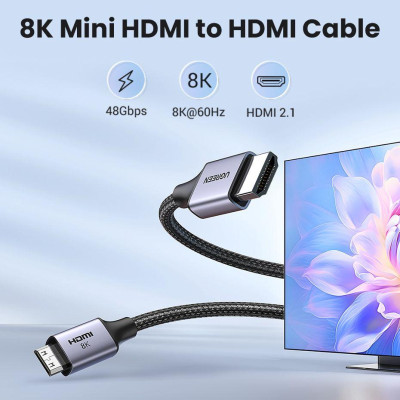 Ugreen UG15514HD163TK 1M 8K60Hz 2.1 Cáp chuyển Mini HDMI sang HDMI dây bọc dù - HÀNG CHÍNH HÃNG