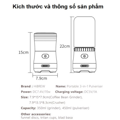 Máy xay hạt cà phê, sinh tố và đá viên cầm tay dùng pin thương hiệu Mỹ HiBREW G2 cao cấp - Hàng Nhập Khẩu