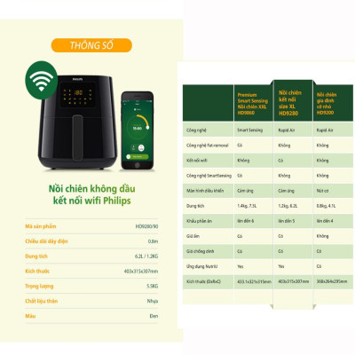 Nồi Chiên Không Dầu Philips HD9280/90, 2000W-6.2Lit, Kết Nồi Wifi, Hàng Chính Hãng